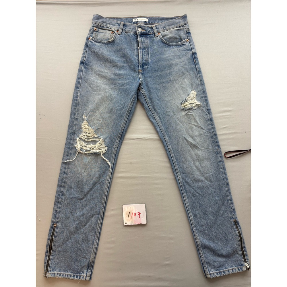 Zara Man Distressed Blue Jeans Light Wash Ankle Zip Straight Leg USA 32